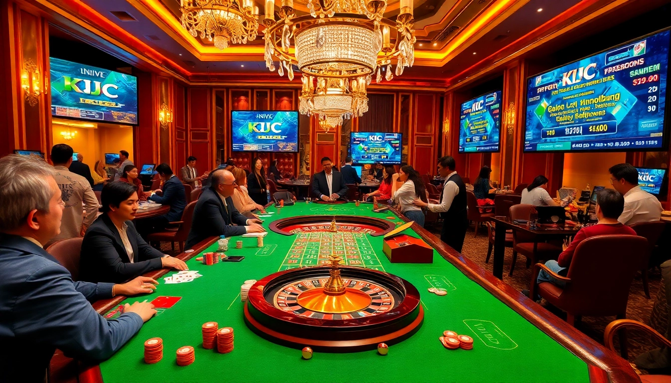 KJC players enjoying a vibrant casino game with exciting poker chips and roulette tables.