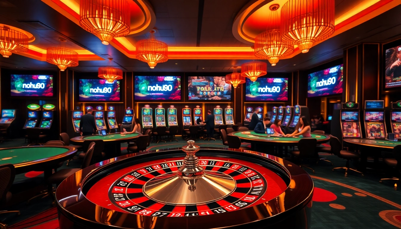 Nohu90 players enjoying thrilling roulette and poker games in a luxurious casino setting.