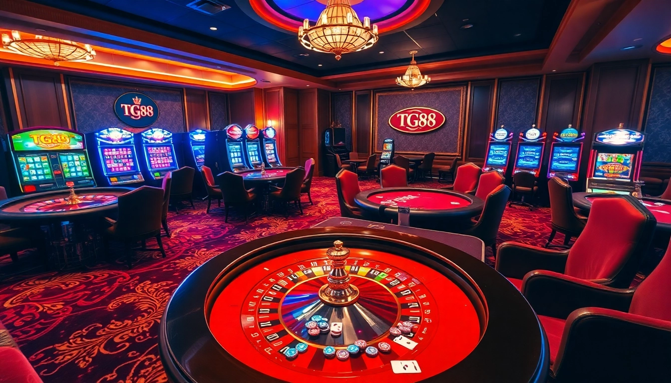 Players enjoying a thrilling game at TG88 casino with roulette and poker tables.