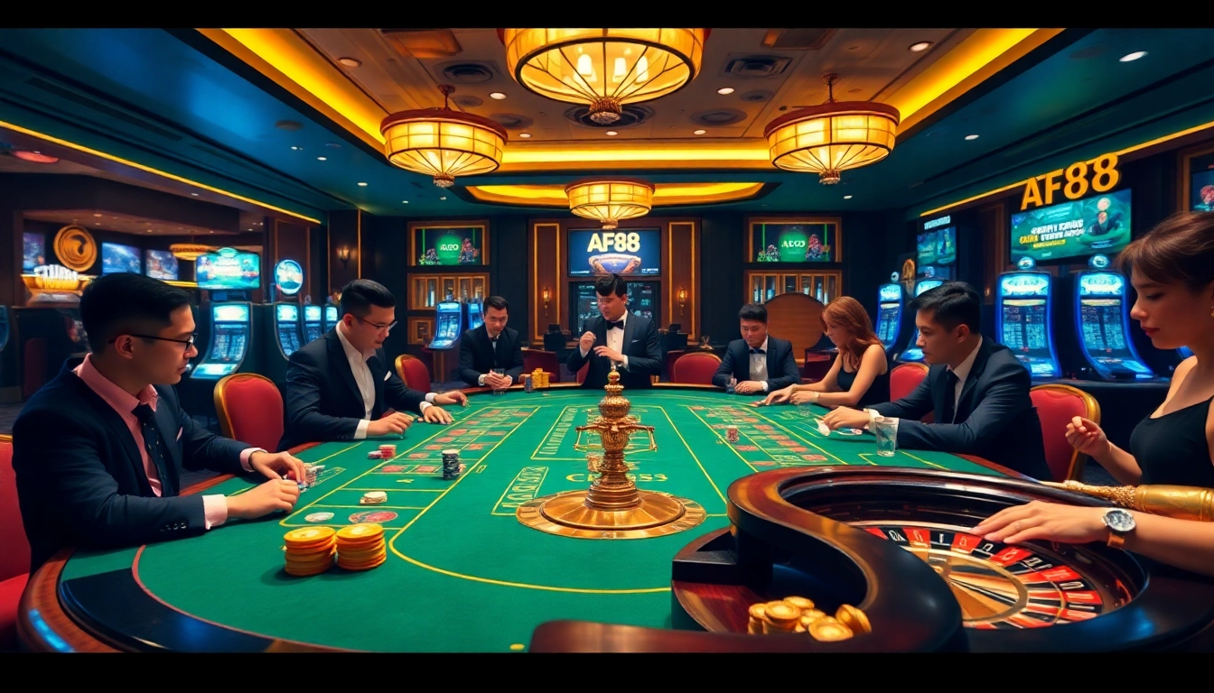 Engaged players at the AF88 casino table enjoying high-stakes poker action amidst luxurious decor.