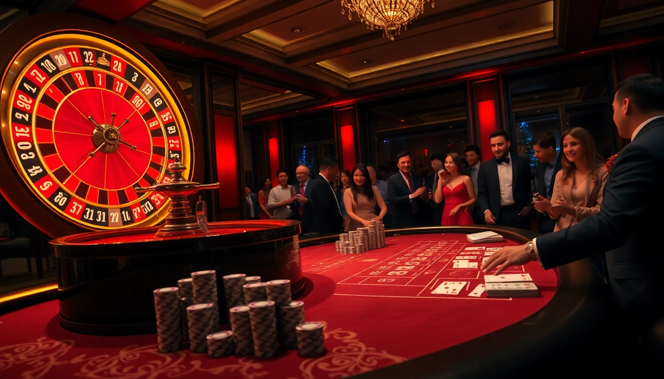 Experience the thrill of casino gaming with lc881 as players engage at a roulette table amid vibrant surroundings.
