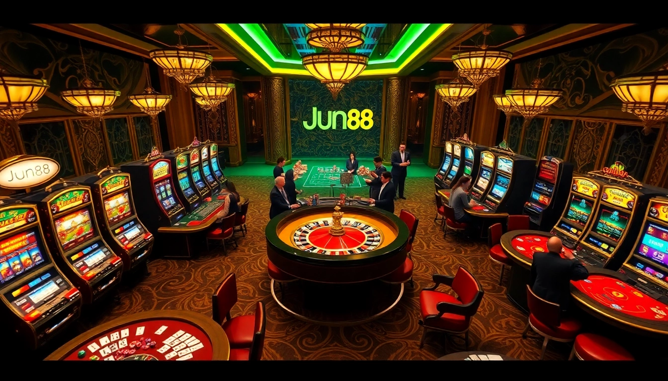 Winning at Jun88 casino with vibrant slot machines and lively players.
