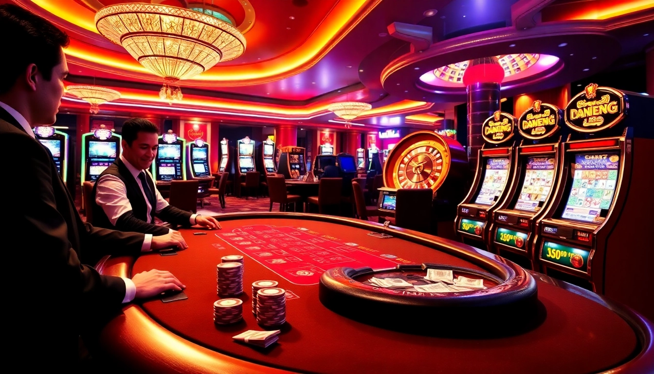 Experience the excitement at mm88 casino with dealers, chips, and vibrant slot machines.