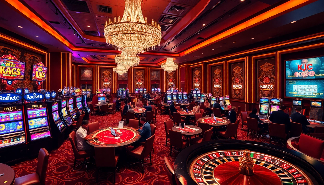 KJC logo prominently displayed in a luxurious casino atmosphere with vibrant slot machines and card tables.