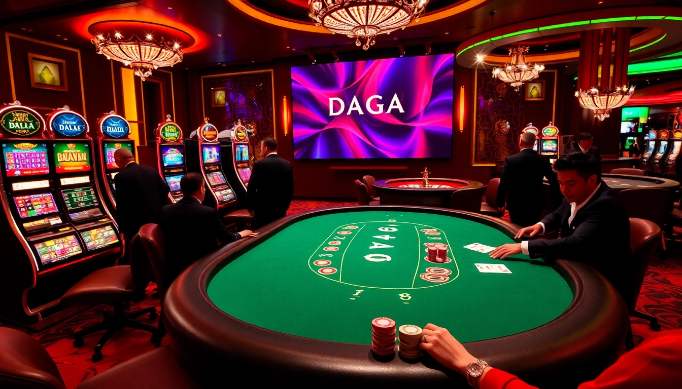 DAGA casino action scene with poker chips, cards, and players in an exciting atmosphere.