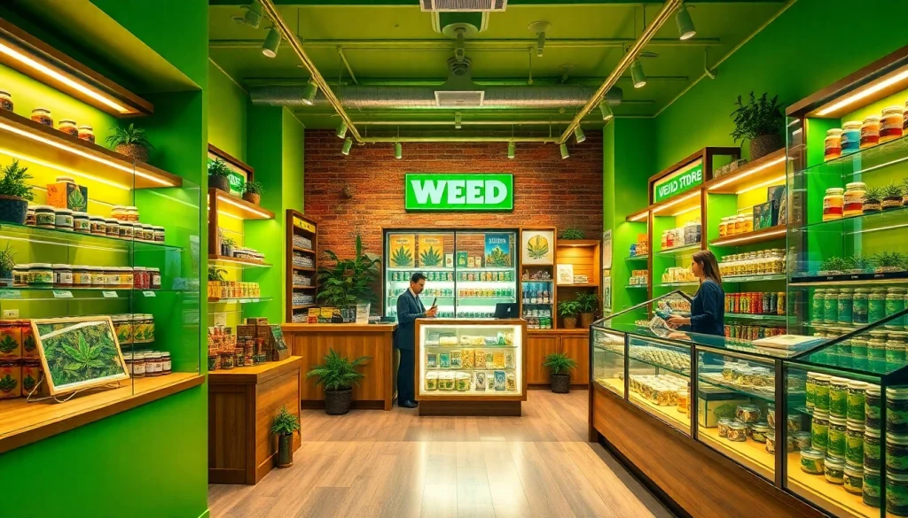 Engage customers in a vibrant Weed Store with inviting displays and a welcoming atmosphere.