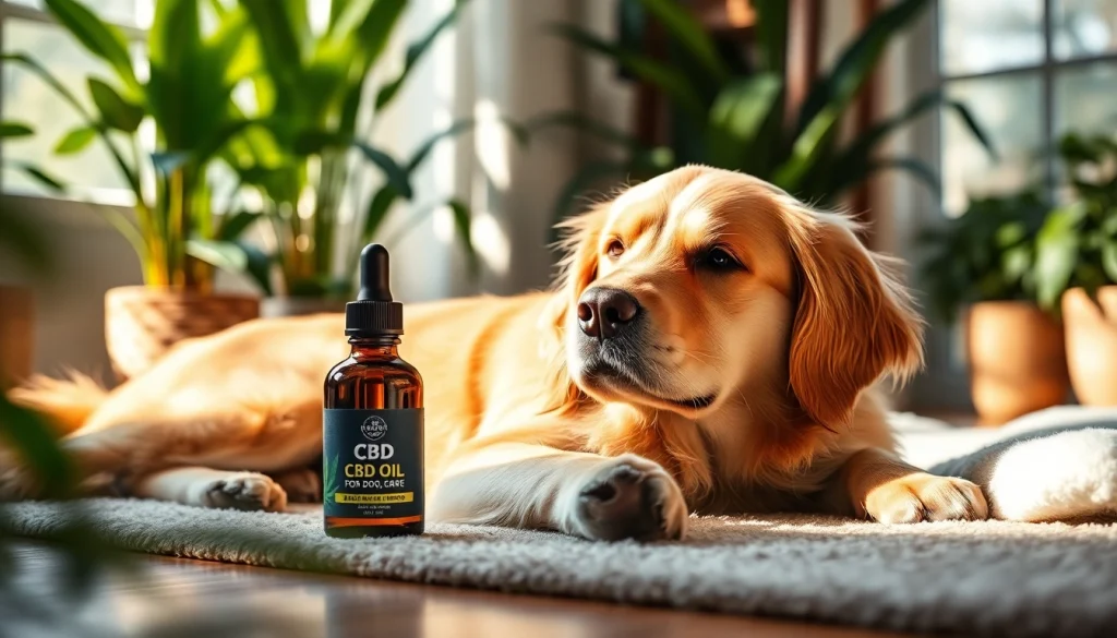 Comfortable golden retriever enjoying CBD Oil For Dog in a serene home setting.