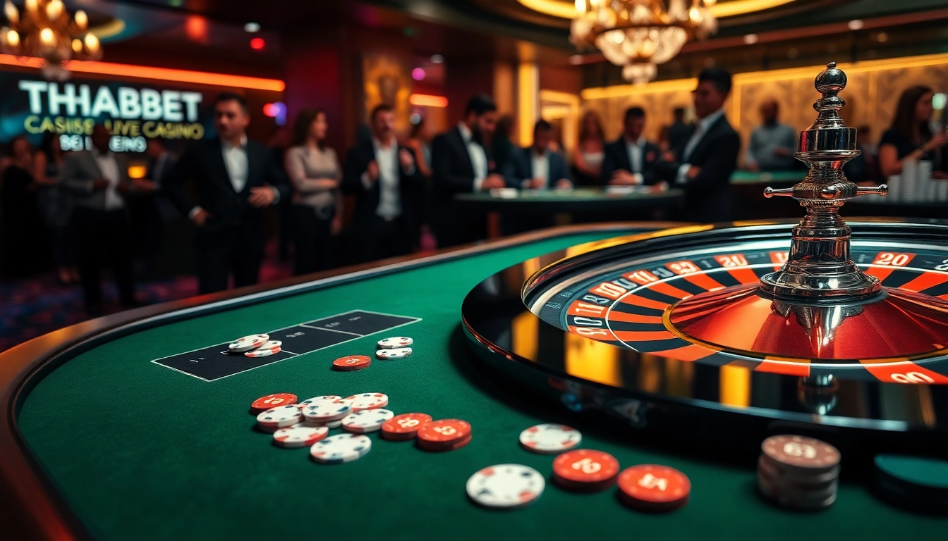 THABET casino table with vibrant poker chips and playing cards in an exciting gambling environment.