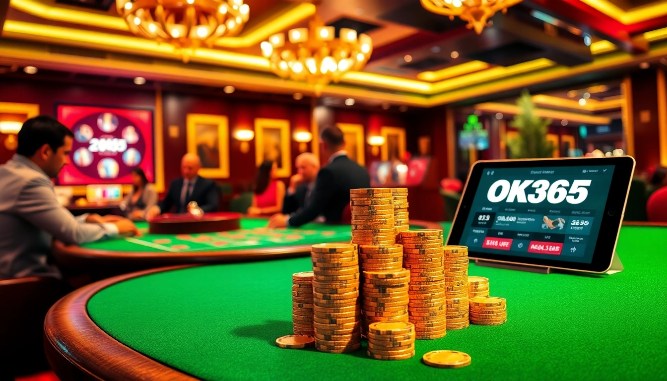 Players engaging in high-stakes poker at OK365 Casino's luxurious tables with vibrant chips and dynamic gaming