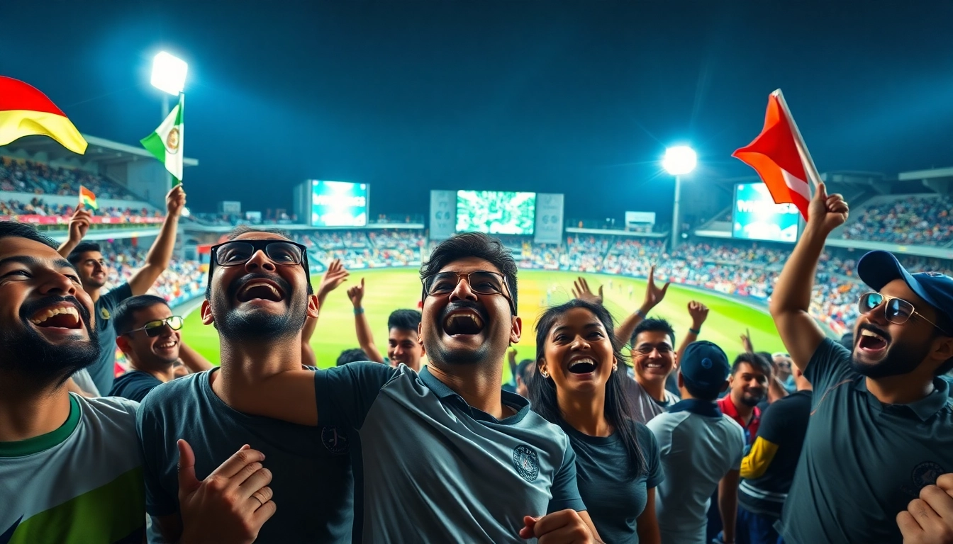 Excited cricket fans at a live match celebrating with jeetbuzz banners and flags.