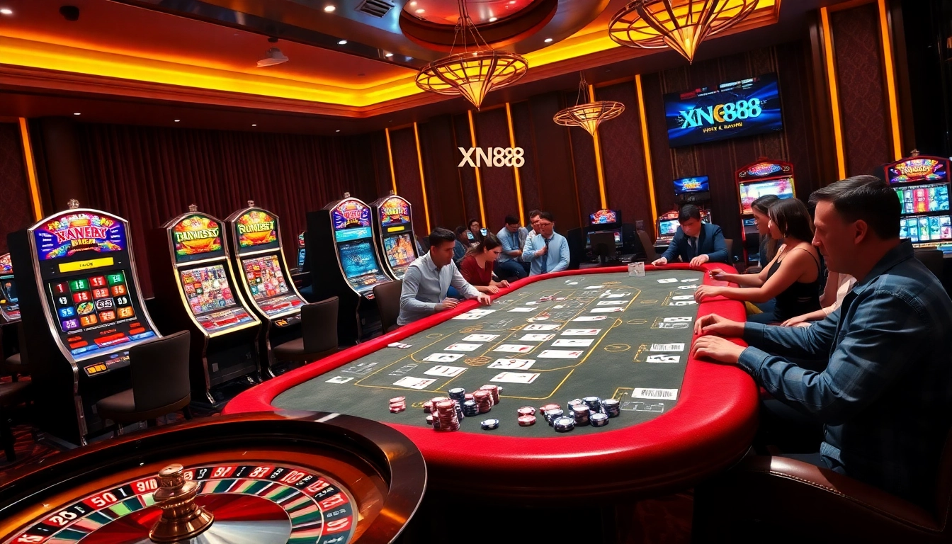 Players enjoying card games and slots at XN88 casino, showcasing an exciting gambling atmosphere.