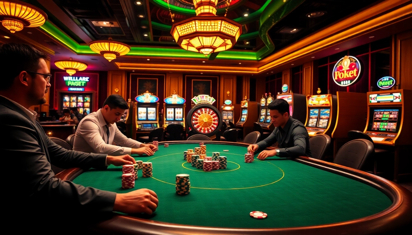 Intense poker action at 9Dbet casino, showcasing players and chips in a luxury setting.
