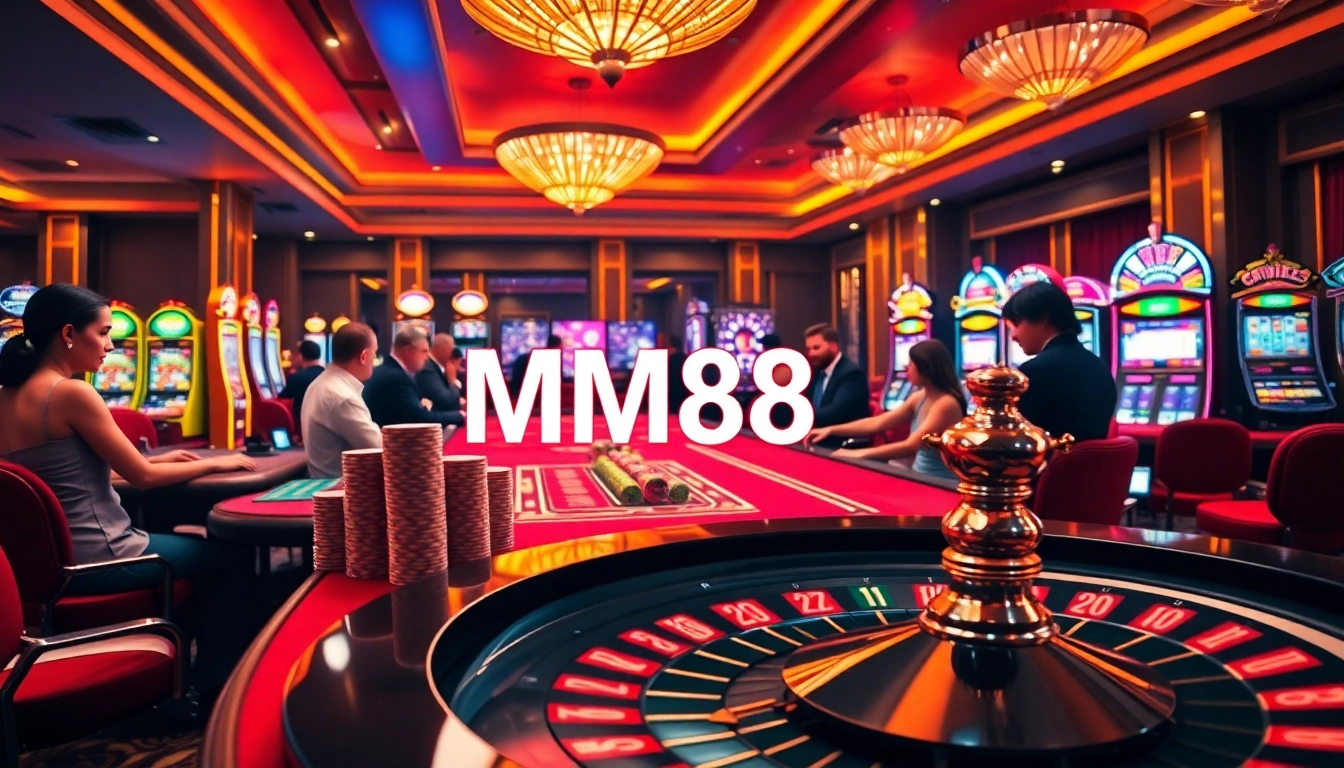 Experience thrilling gameplay at MM88 casino with vibrant slot machines and poker chips.