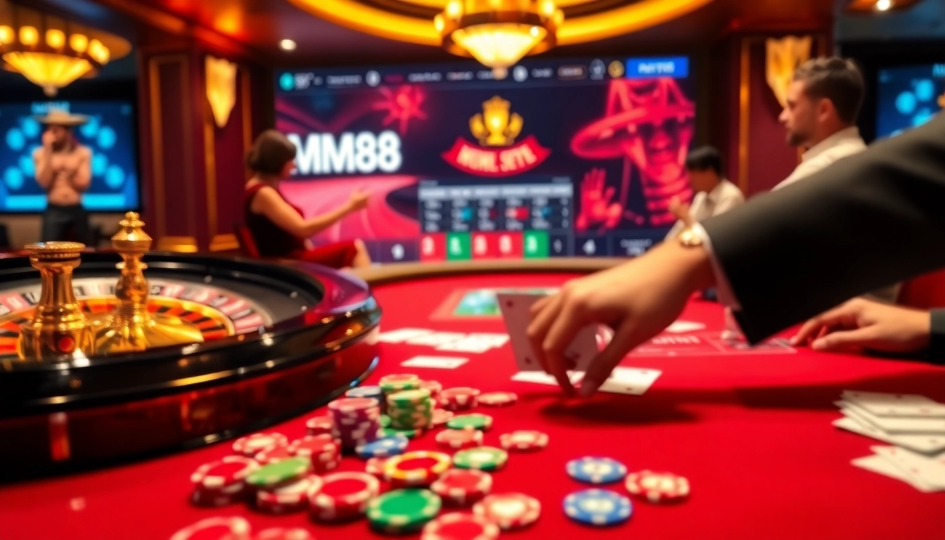 Engaging in casino excitement at https://mm88.observer/ with poker chips and a roulette wheel.