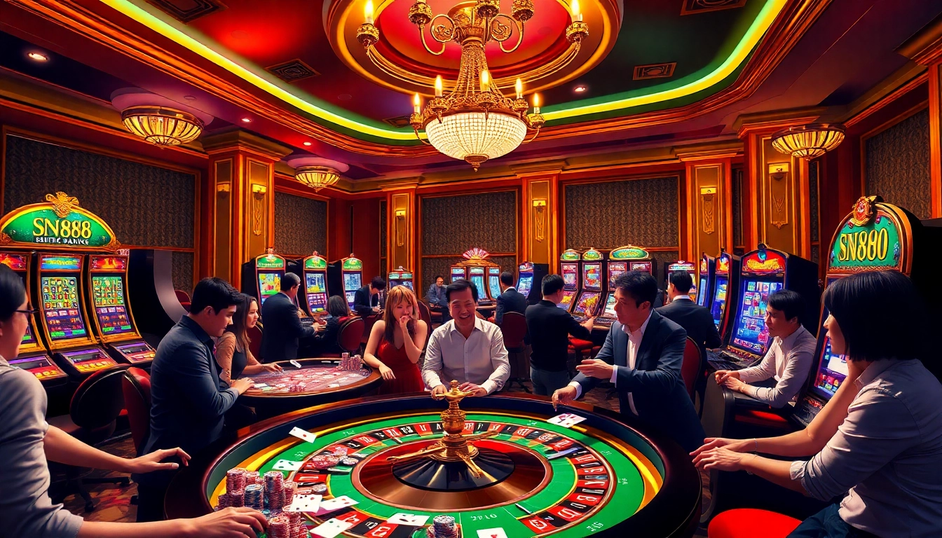 Players enjoying SN888 casino games at a lavish roulette table, vibrant atmosphere.
