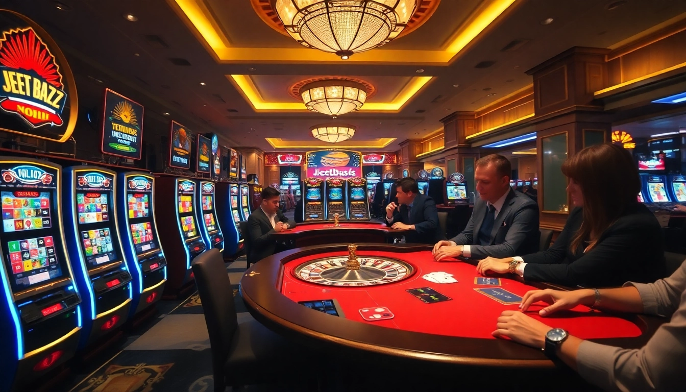 Experience thrilling gambling with jeetbuzz at a luxurious casino setting featuring vibrant games.