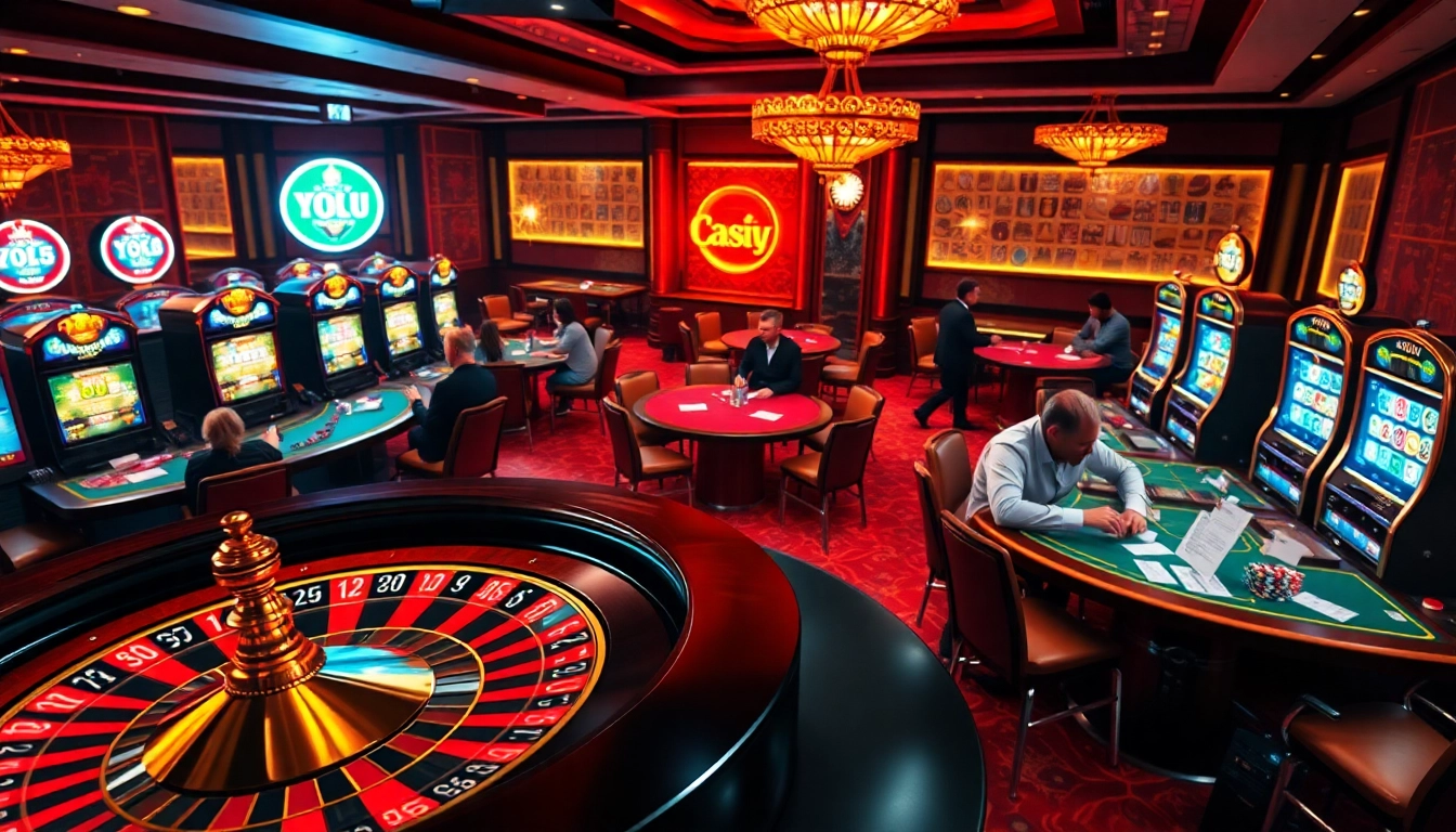 Exciting casino scene showcasing players đăng nhập go8 at roulette and poker tables amidst glowing slot machines.