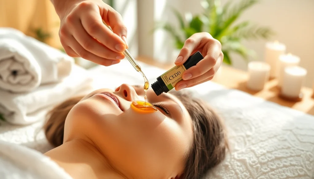 Apply CBD oil for skin treatment in a serene spa, emphasizing relaxation and natural beauty.