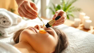 Apply CBD oil for skin treatment in a serene spa, emphasizing relaxation and natural beauty.