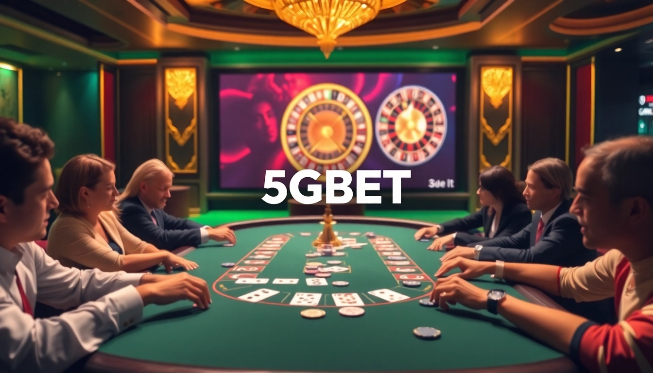 Players enjoying poker and roulette at a luxurious casino with 5GBET branding prominently displayed.