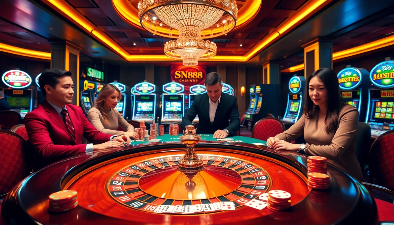 Gamblers engaging in intense poker action at a casino, highlighting the excitement of SN888.