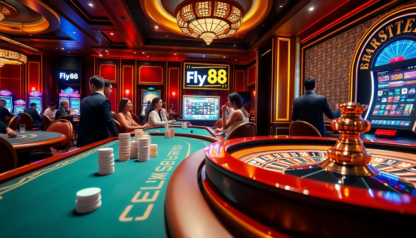 Exciting gameplay at Fly88 casino with vibrant poker table, roulette wheel, and slot machines.
