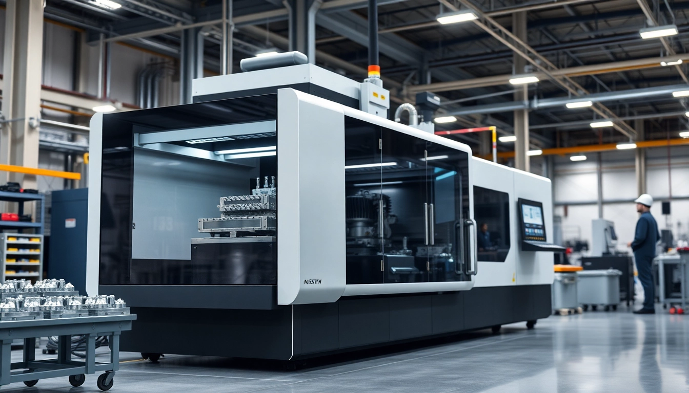 Injection Molding Machine in action, producing precision plastic parts in a modern factory setting