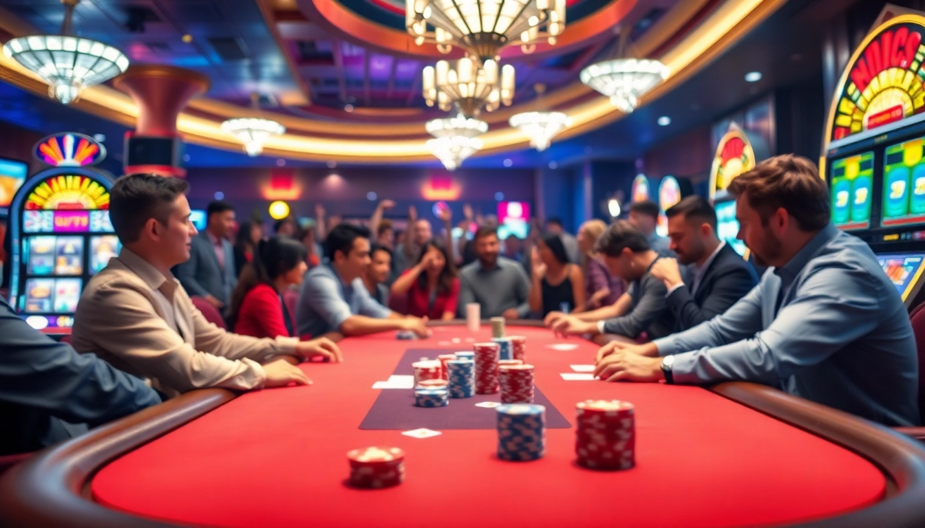 Players engaging in thrilling poker games at khela88 casino, surrounded by vibrant atmosphere.