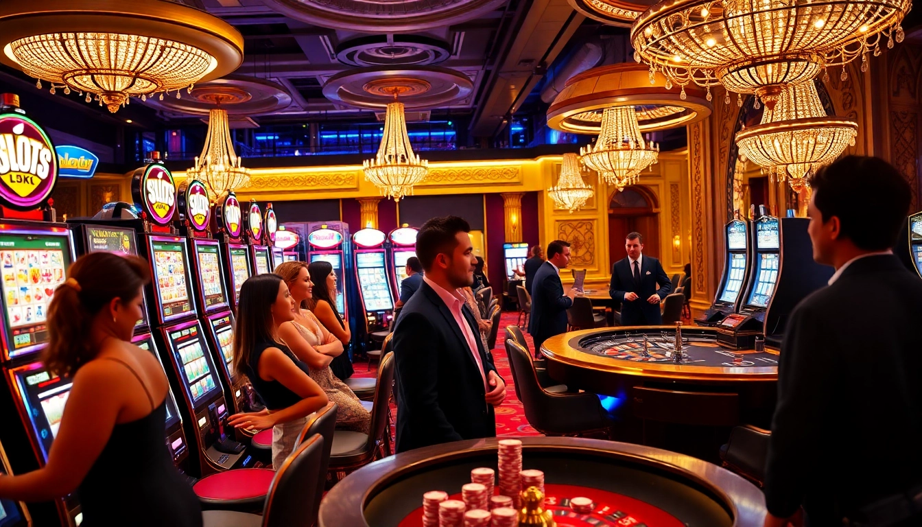 Experience the thrill of SLOTS8 with vibrant slot machines and excited players in a dazzling casino.