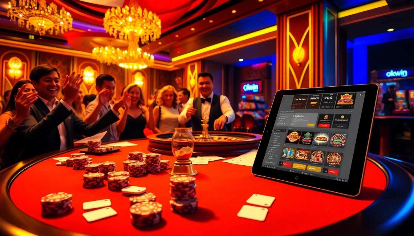Experience the thrill of Okwin with a luxurious casino atmosphere featuring vibrant gaming action.