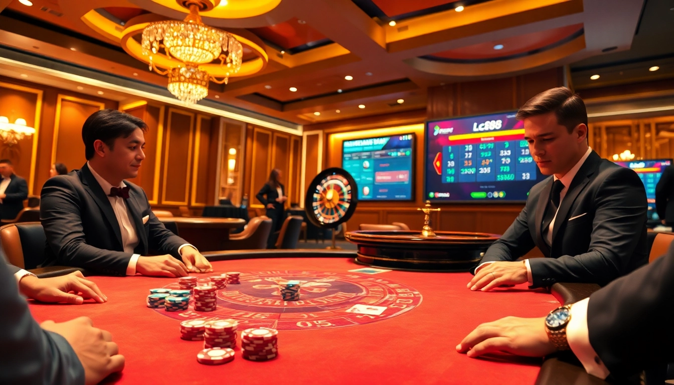 Experience the thrill of casino gaming at Lc88 with vibrant poker tables and excited players.