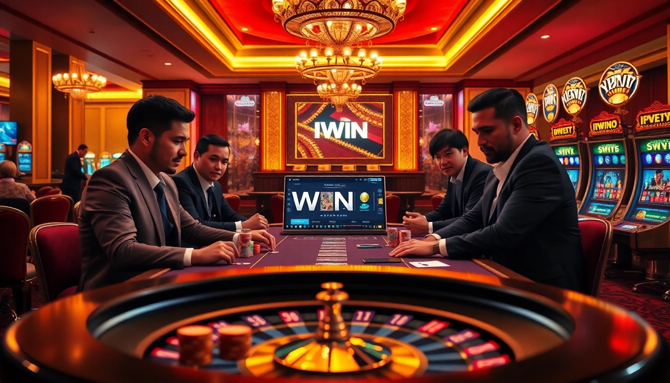 IWIN poker table with players engaged in a high-stakes game, showcasing casino excitement.