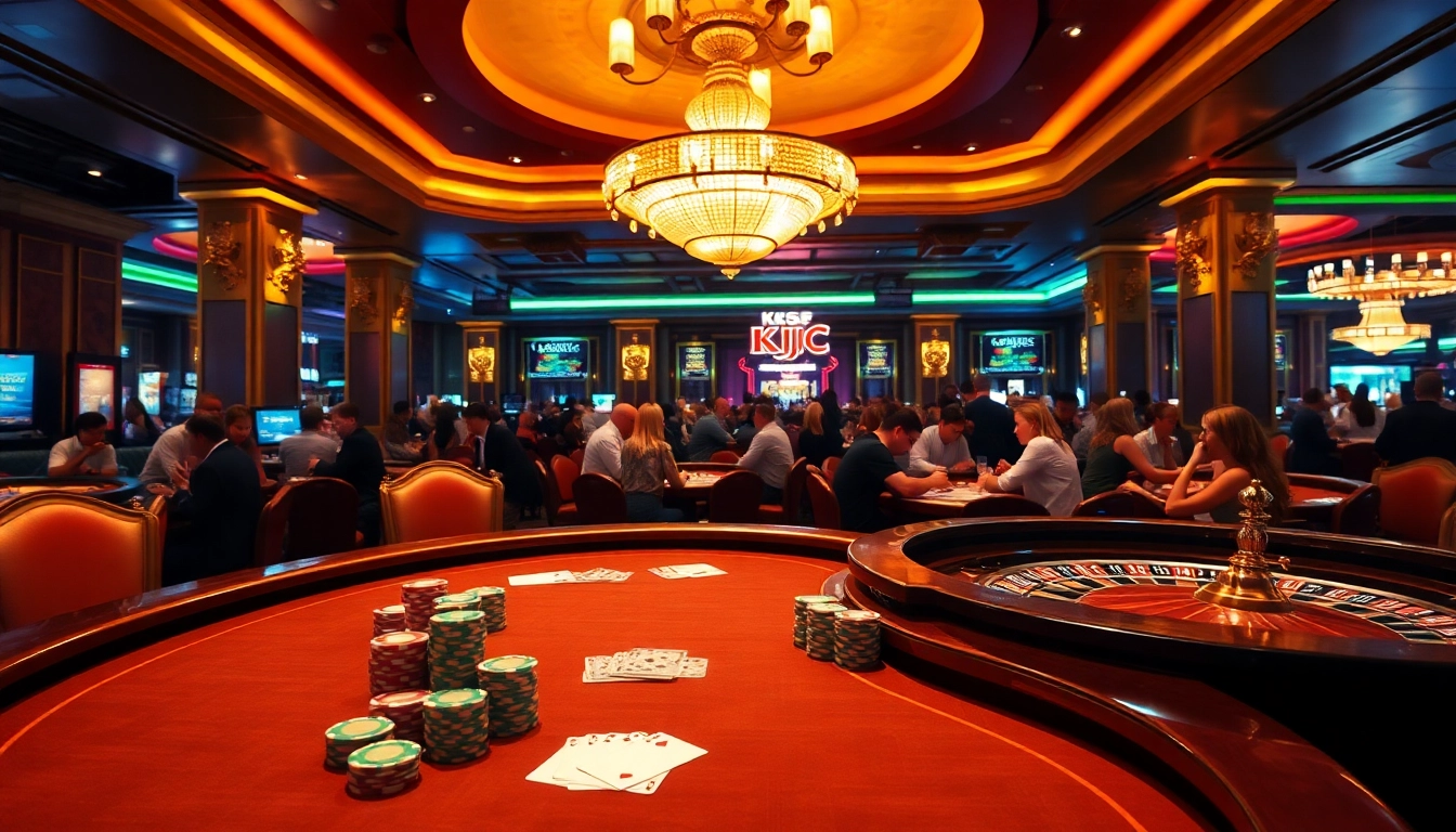 KJC players enjoying an exhilarating poker game at a premium casino table with vibrant chips and cards.