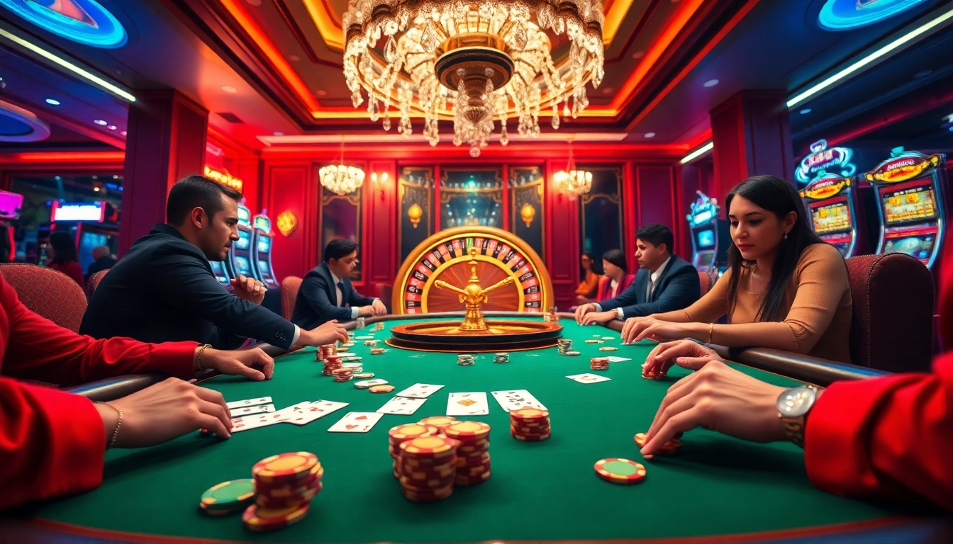 Excited players engaging in a high-stakes poker game at the luxurious BDTK666 casino table with vibrant lights.
