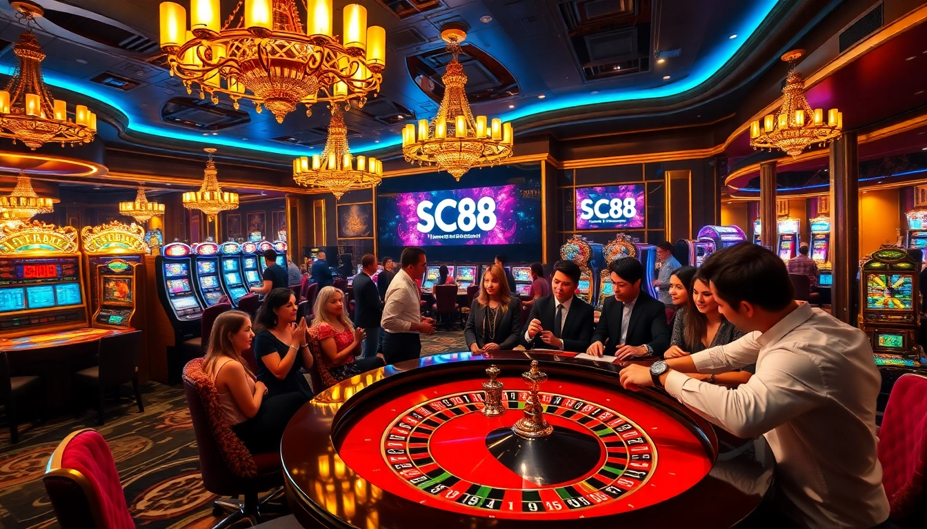 Engaged players at a casino with SC88-themed gaming tables and vibrant slot machines.