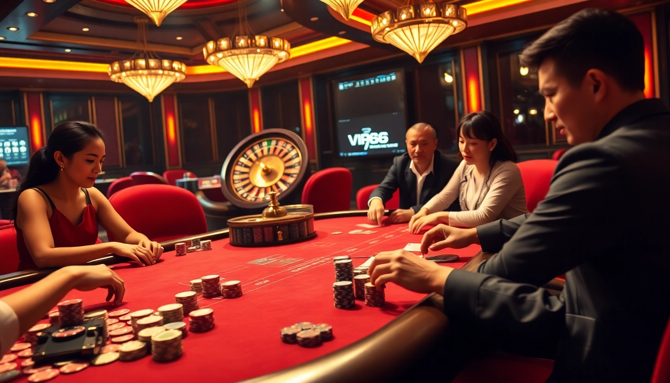 Experience the thrill of gaming at trang chủ vip66, featuring a dynamic poker table and casino ambiance.
