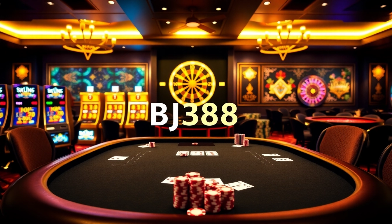 Experience the excitement of BJ388 with engaging casino visuals and a vibrant betting atmosphere.