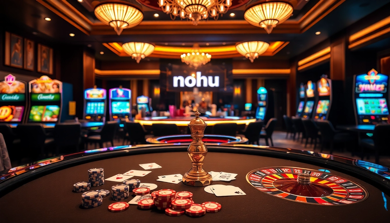 Nohu-themed casino gaming table with poker chips and playing cards under ambient lighting