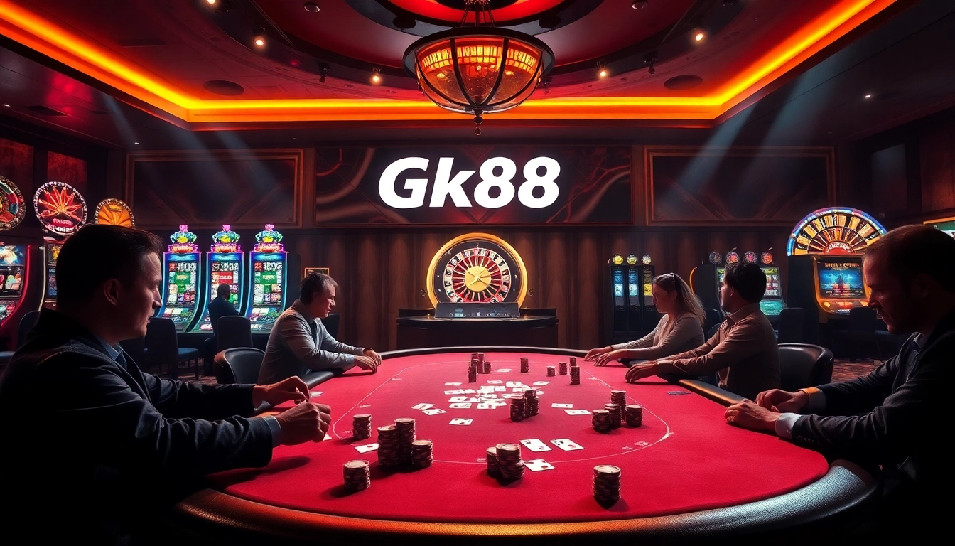 Engage with high-stakes gameplay at the Gk88 poker table surrounded by vibrant casino elements.