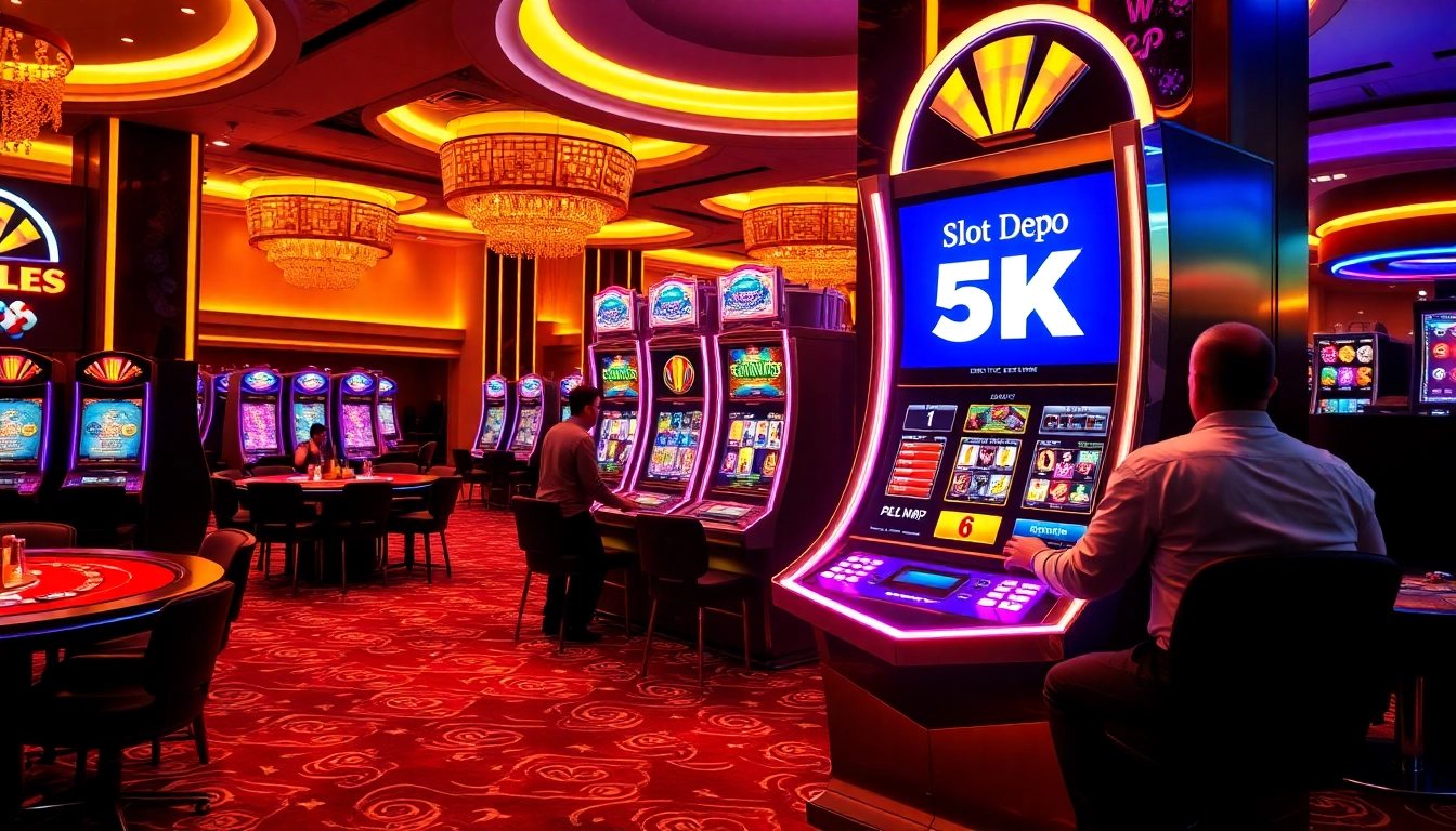 Player enjoying slot depo 5k on a luxurious casino floor with vibrant lights.