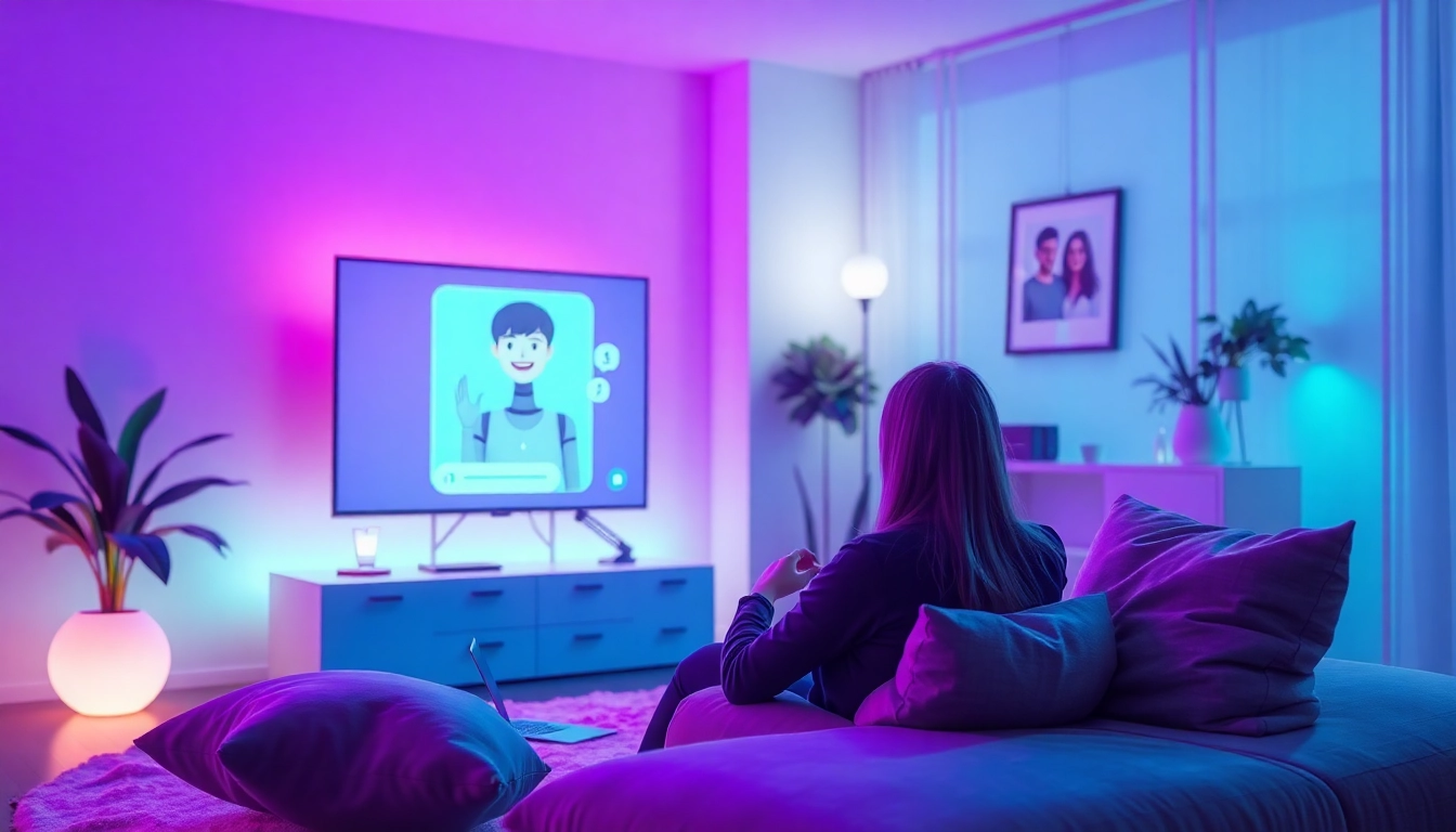 Engaging AI sex chat in a cozy modern virtual environment, highlighting user interaction.