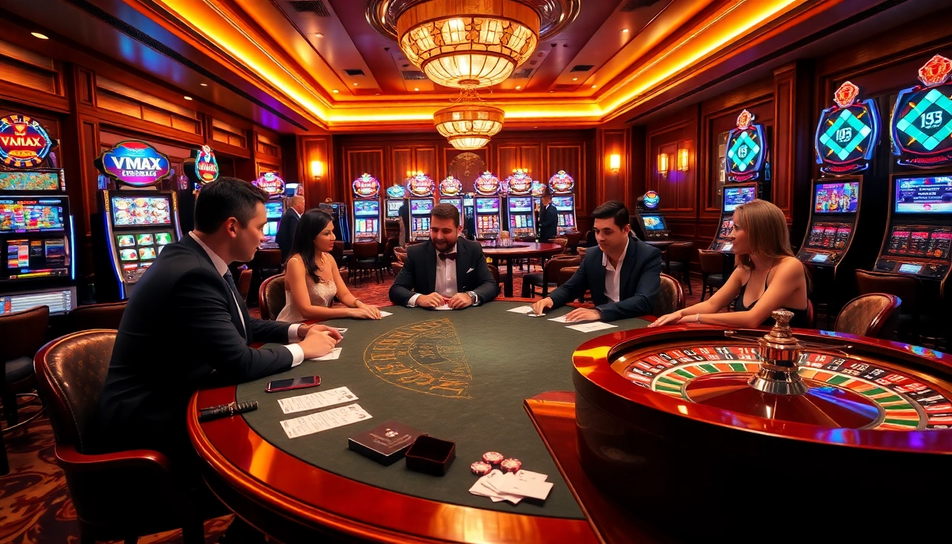 VMAX gamblers excitedly placing bets at a poker table in a luxurious casino environment.