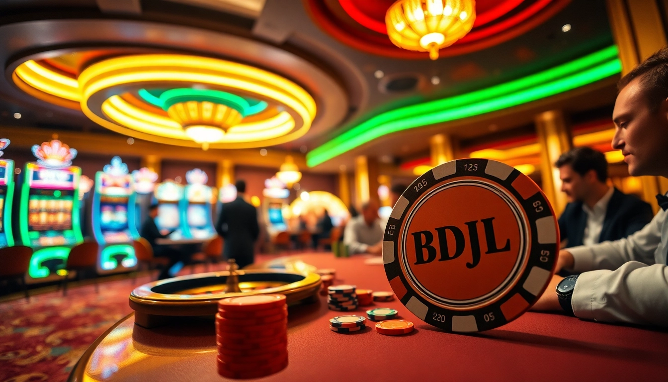 Experience the thrill of BDJL at an elegant casino with vibrant gaming tables and excited players.