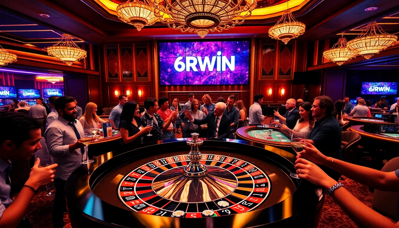 Exciting roulette game at 6RWIN casino with vibrant decor and enthusiastic players.