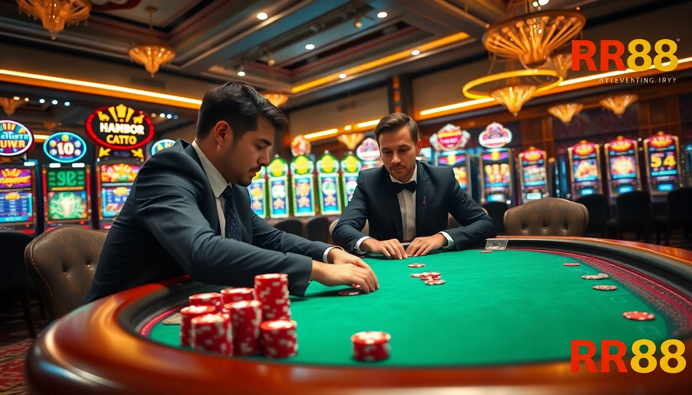 RR88 casino scene with players at an intense poker table and vibrant slot machines.