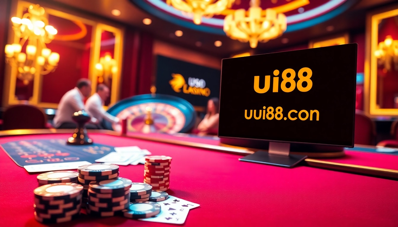 Players engaging in a thrilling game at uu88 con poker table, surrounded by casino elements.