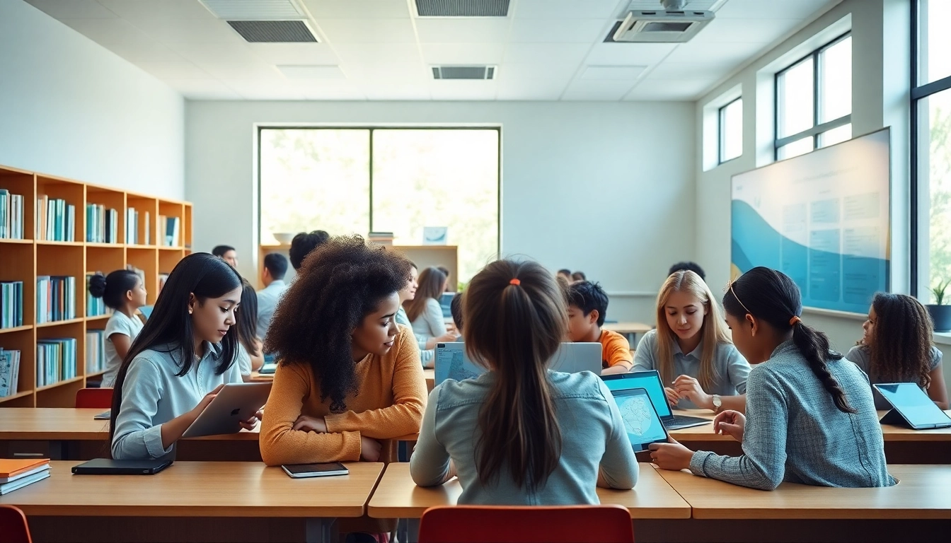 Innovative classroom scene highlighting education reform with diverse students and modern technology.