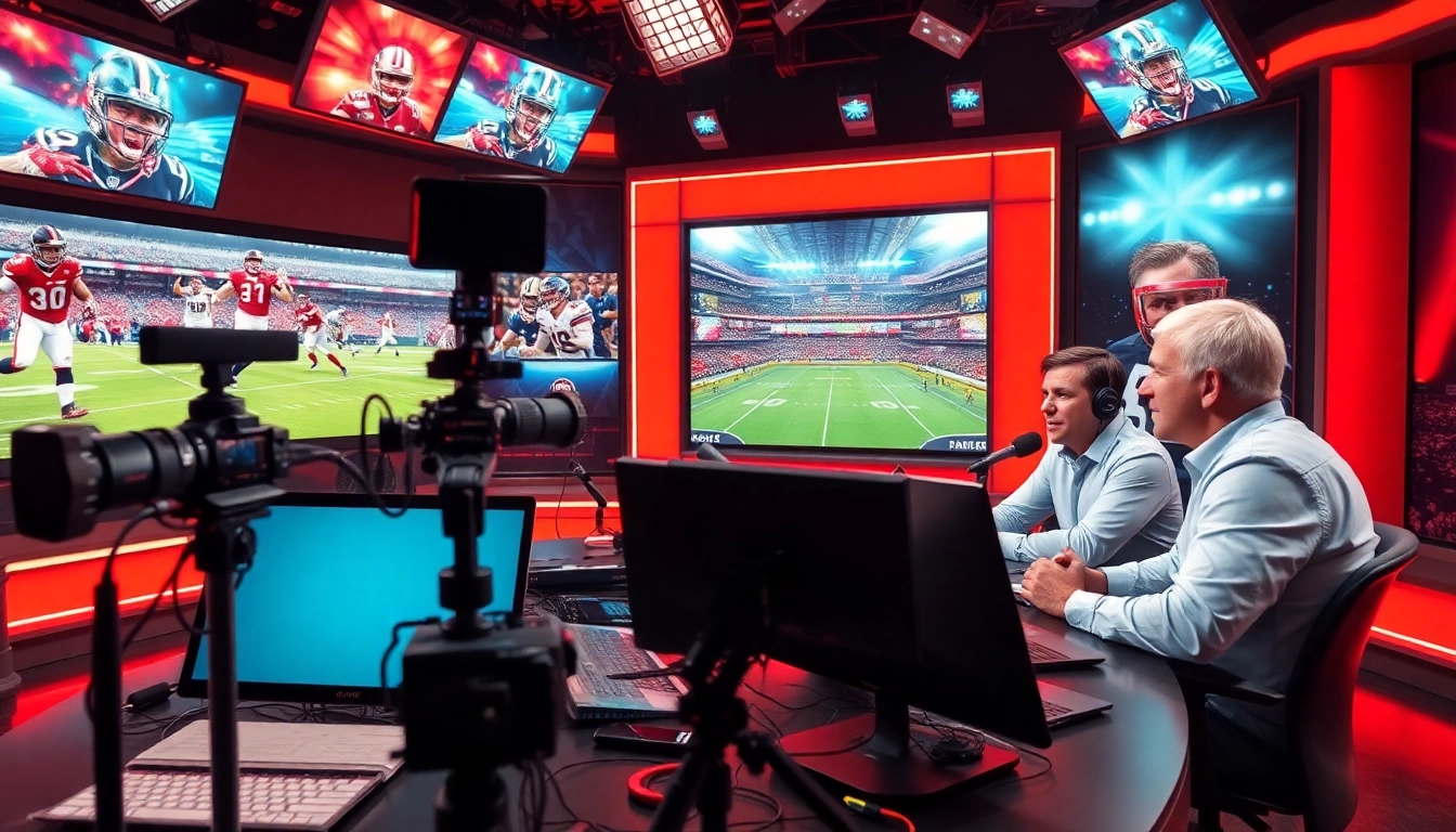 Engaging sports broadcasting scene with hosts discussing live events and advanced equipment.