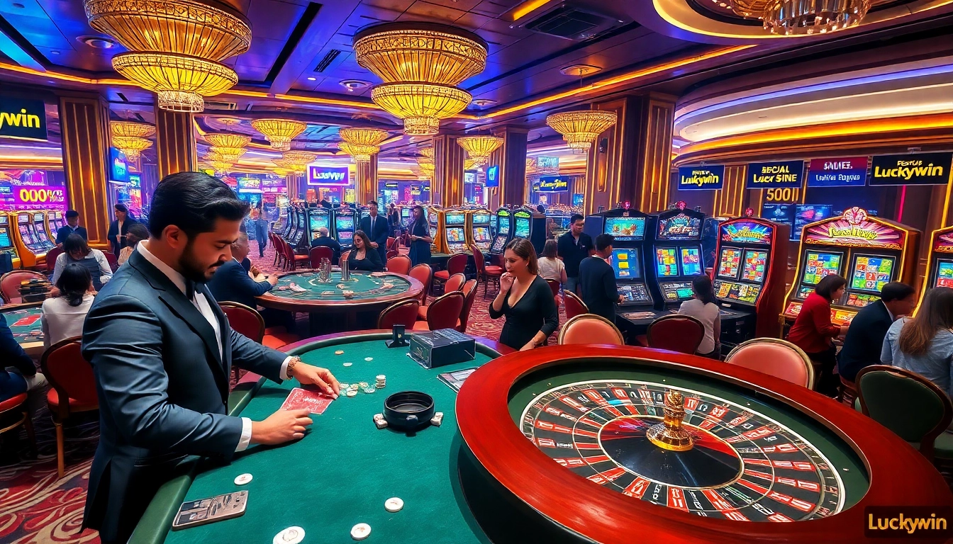 Luckywin casino players engaging in thrilling blackjack and roulette games amid a luxurious atmosphere.