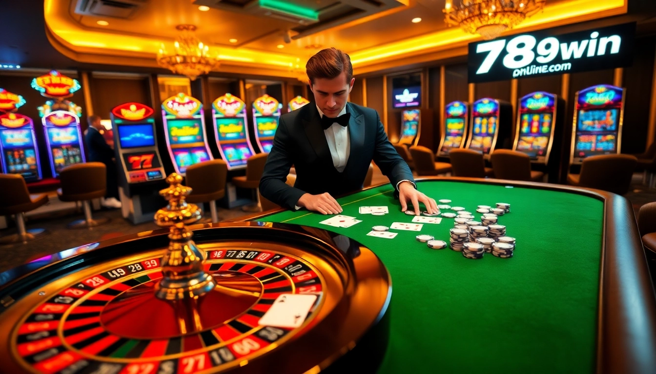 Engage in the thrilling atmosphere of 789win com with poker chips and a roulette wheel in a luxurious casino setting.